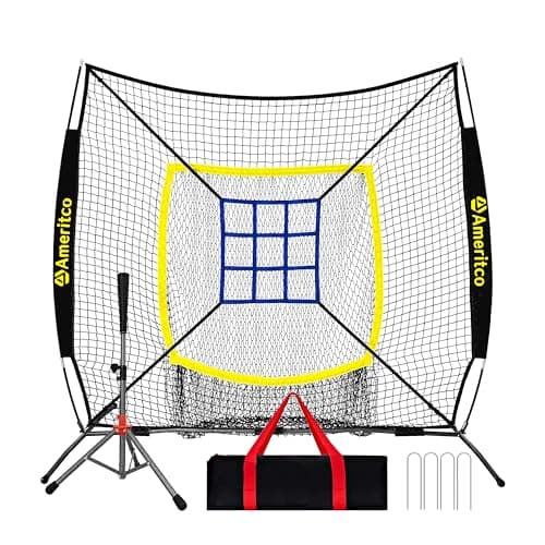 Ameritco Baseball Net,7x7ft Baseball Practice Net with Tee and Target, Large Pocket Sports net for Hitting/Batting/Pitching/Throwing,Scratch Resistant Base, Versatile Use for All Levels (Black)