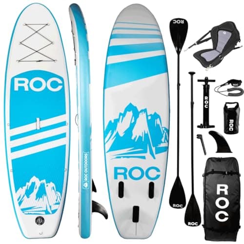 Roc Inflatable Stand Up Paddle Board 10' 6" with Premium SUP Paddle Board Accessories, Wide Stable Design, Non-Slip Comfort Deck for Youth & Adults (Blue W/Kayak Seat)