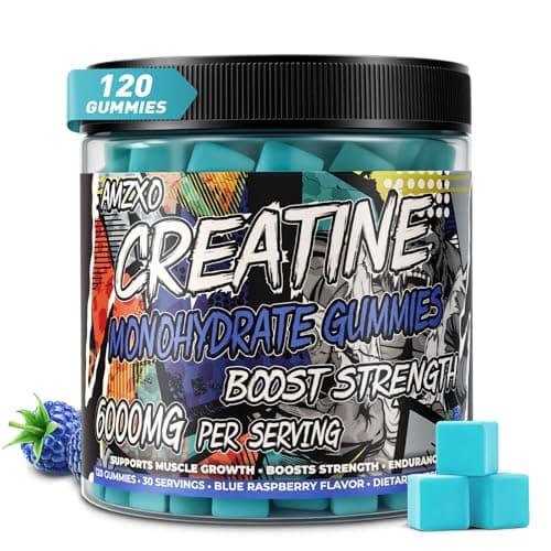 AMZXO Creatine Monohydrate Gummies 6g, 120 Count Muscle Builder for Men & Women, Pre-Workout Supplement, Energy Boost Chewable, Vegetarian, Blueberry Flavor