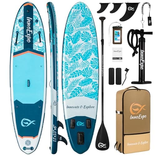 InnoExpo 11' Inflatable Stand Up Paddle Boards with Premium Accessories, Wide Stable SUP Paddle Board Design, Non-Slip Comfort Deck for Youth & Adults (Tropical)