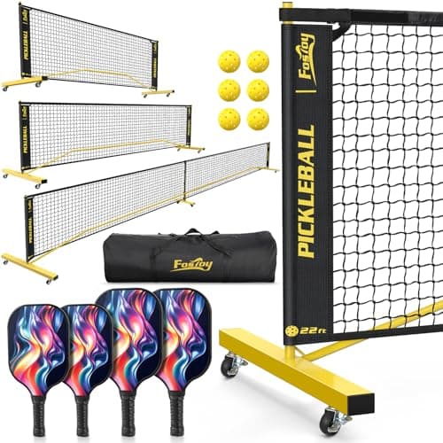 Pickleball Set Net with 4 Paddles, 6FT/11FT/22FT Portable 3-in-1 Pickle Ball Net with Carry Bag, Pickleballs, Designed for All Weather Conditions (3-in-1 Pickleball net with Adult and Junior Rackets)