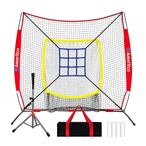 Ameritco Baseball Net,7x7ft Baseball Practice Net with Tee and Target, Large Pocket Sports net for Hitting/Batting/Pitching/Throwing,Scratch Resistant Base, Versatile Use for All Levels (Red)