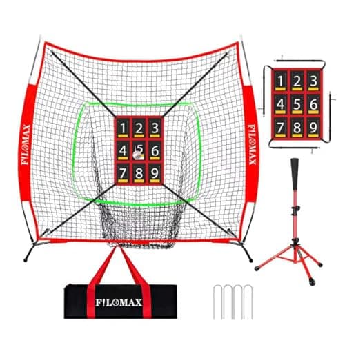 FILOMAX Baseball & Softball Practice Net with Numbered Strike Zone & Batting Tee - Heavy Duty Portable Hitting Pitching Training Net for Accuracy and Swing Practice, Includes Carry Bag (7 ft x 7 ft)