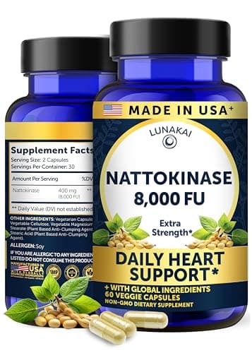 Lunakai USA Made Nattokinase Supplement – 400mg Natto Enzyme, 8000 FU per Serving – Heart & Circulation Support – Non-GMO, 60ct, 4000 FU Capsule