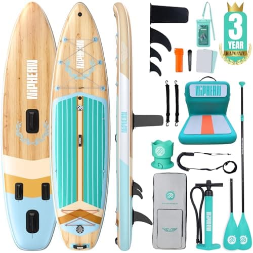 Niphean (Extra Large) Inflatable Paddle Board, SUP for 2+1 People/Family 500lbs Capacity Stand Up Paddle Board with SUP Accessories, StabilTrac Fin Non-Slip Paddleboard for Adults-Classic Wood