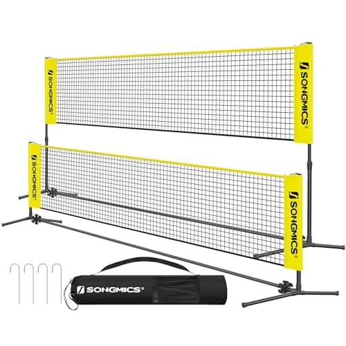 SONGMICS 13 ft Badminton Net, Height Adjustable Volleyball Net, Pickleball Net with Poles, Foldable Nylon Net for Tennis Indoor Outdoor Court, Yellow and Black USYQ400Y