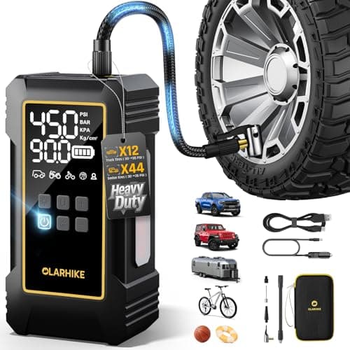 OlarHike Powerful 12000mAh Heavy Duty Tire Inflator Portable Air Compressor, 7X Faster, 150PSI Dual Power 12V&Cordless Air Pump for Car Tires, Pickup Trucks, Jeeps, SUVs & RVs. Digital Pressure Gauge