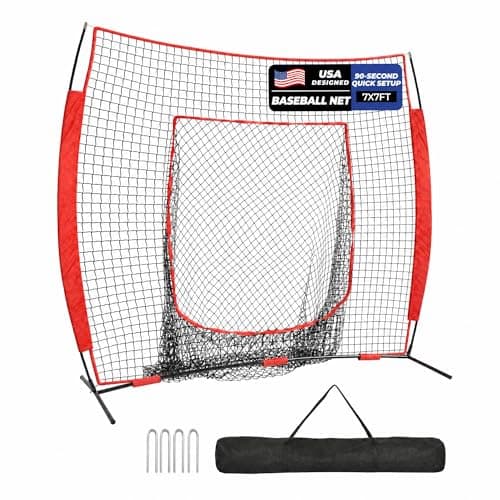 Sturdum 7 x 7 ft Baseball Net, Baseball Softball Batting Net for Practice Hitting Pitching Fielding, Quick Setup, Portable, with Carry Bag, 4 Ground Stakes