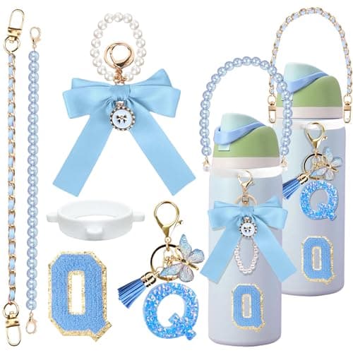 Mengayadi 6Pcs Letter Accessories for Owala Water Bottle 24oz 32oz 40oz, with Cute Initial Charm and Handle Strap, Compatible with Owala Free Sip, Kids Bottle,Stanley Cup Accessories (Q, Blue)