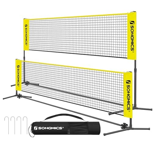 SONGMICS 10 ft Badminton Net, Height Adjustable Volleyball Net, Pickleball Net with Poles, Foldable Nylon Net for Tennis Indoor Outdoor Court, Yellow and Black USYQ300Y