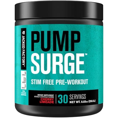 Jacked Factory Pumpsurge Caffeine Free Pre Workout for Men & Women - Nootropic Booster & Stim Free Pre Workout - Intense Pumps, Enhanced Focus - 30 Servings, Cherry Limeade 8.83oz