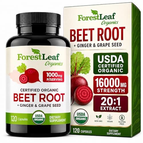 ForestLeaf USDA Organic Beet Root Capsules - Beetroot Supplement 1000mg 20:1 Extract w/Ginger Grape Seed - Support Blood Pressure, Nitric Oxide, Flow, Circulation - Made in USA - 120 Caps