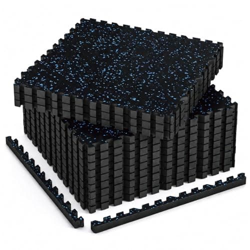 AIRHOP 1'' Ultra-Thick 48 Sq Ft Rubber Top Gym Flooring for Home Gym, 12 Tiles High Density EVA Foam Exercise Mats, Interlocking Puzzle Mats for Home Workout, Floor & Equipment Protection, Black/Blue
