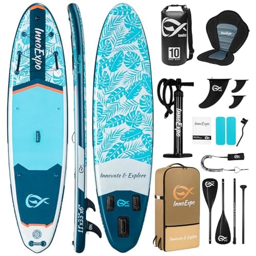 InnoExpo 11' Inflatable Stand Up Paddle Boards with Premium Accessories, Wide Stable SUP Paddle Board Design, Non-Slip Comfort Deck for Youth & Adults (Tropical/Kayak Seat)