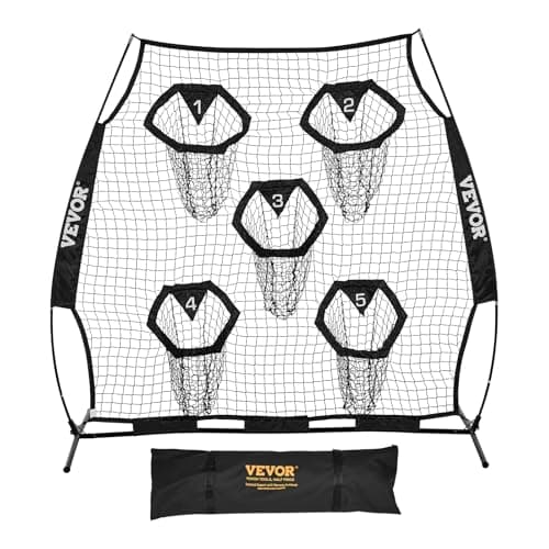 VEVOR 6 x 6 ft Football Trainer Throwing Net, Training Throwing Target Practice Net with 5 Target Pockets, Knotless Net Includes Straps and Portable Carry Case, Improve QB Throwing Accuracy (Black)