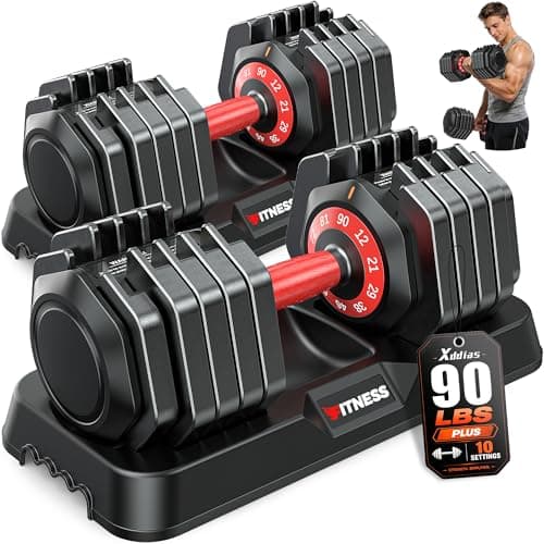 XDDIAS Adjustable Dumbbell Set of 2, 25/55/80/90LB Dumbbell Set- 1-Hand Fast Adjustment with Anti-Slip Handle, Compact Free Weights Dumbbells Set for Men/Women Home Gym Strength Training Equipment (90LB-Pair-10-Gears)