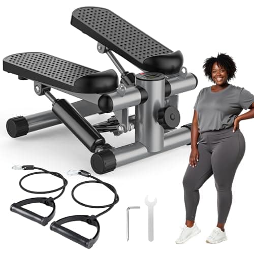 OLIXIS Stepper Machine with Resistance Bands - Mini Stair Stepper for Home Exercise, Portable Weight Loss & Full Body Workout Equipment, Sliver
