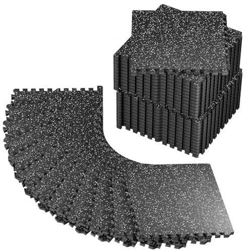PRAISUN 0.56" Rubber Top Gym Flooring, Heavy Duty Interlocking Gym Mats for Home Gym, Non-Slip Workout Mat, 24 x 24in Large Gym Floor Mat, Protect Floors from Equipment, 144 Sq Ft, Black/Grey