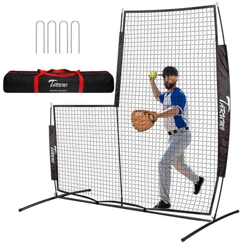 TARUMG Baseball & Softball Pitching Screen,L-Screen, 7x7FT Pitcher Protection Net with Upgrade Frame,Pitching Net for Backyard,Field Outdoor, Line Drive Protective L-Screen with Carry Bag (Black)