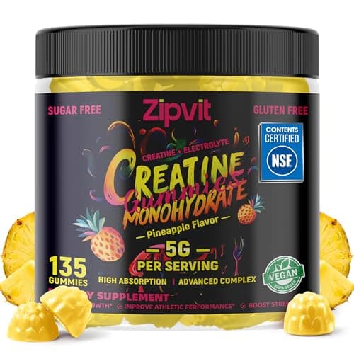 zipvit Creatine Monohydrate Gummies (5g) – Pre-Workout Energy & Muscle Growth Support for Men & Women | Pineapple Electrolyte Gummies (135 Count)