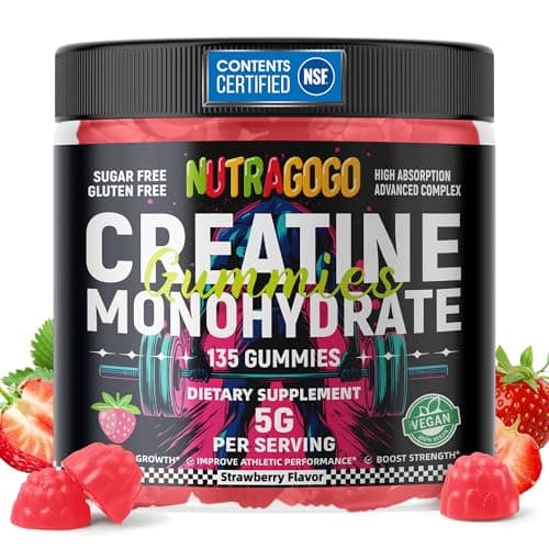 NUTRAGOGO NSF Certified Creatine Gummy - Creatine Monohydrate Gummies for Men & Women-5g of Creatine Monohydrate per Serving - Sugar Free,Vegan, Strawberry Electrolyte Chews, 135 Count