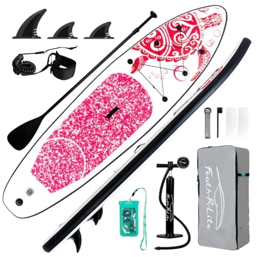 FEATH-R-LITE Inflatable Stand Up Paddle Board 10'6''x33''x6'' Ultra-Light (18.9lbs) SUP with Paddleboard Accessories,Fins,Adjustable Paddle, Pump,Backpack, Leash, Waterproof Phone Bag