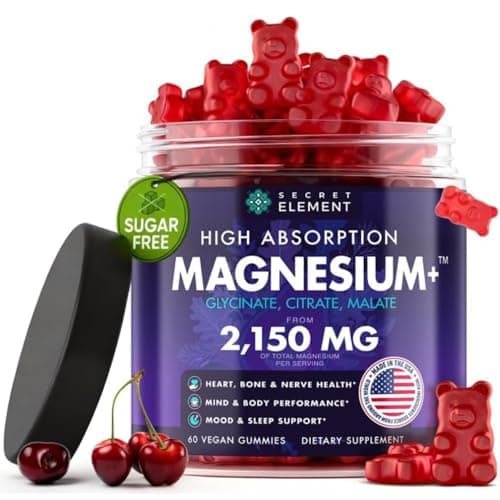 Magnesium Gummies 3in1 - Glycinate, Citrat, Malate 2150 MG High Absorption Supplement, Sugar-Free, Vegan, Chews for Men & Women, Inspired by Wellness Traditions Like Arjuna, 60 Gummies, Cherry Flavor