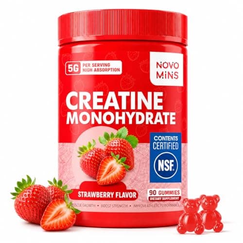 Novomins Creatine Monohydrate Gummies 5000mg for Men & Women, Chewables Creatine Monohydrate for Muscle Strength, Muscle Builder, Energy Boost, Pre-Workout Supplement(90 Count)-Strawberry Flavor