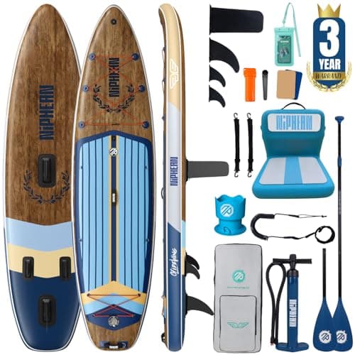 Niphean (Extra Large) Inflatable Paddle Board, SUP for 2+1 People/Family 500lbs Capacity Stand Up Paddle Board with SUP Accessories, StabilTrac Fin Non-Slip Paddleboard for Adults-Woven Wood