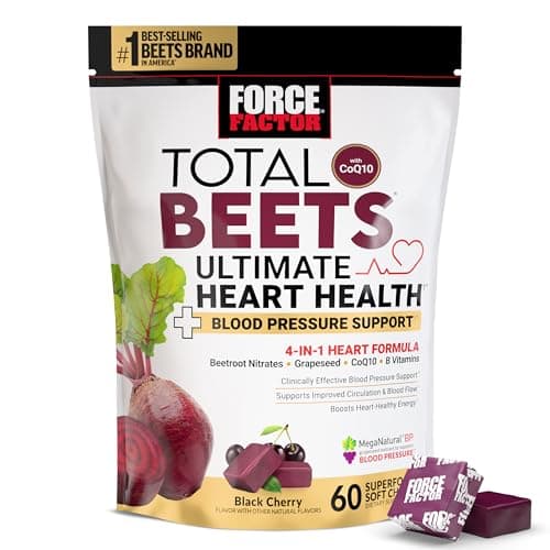 Force Factor Total Beets Ultimate Heart Health Chews for Blood Pressure Support, with Beetroot Powder, CoQ10, B Vitamins & Grapeseed Extract for Blood Flow & Energy, Black Cherry, 60 Soft Chews