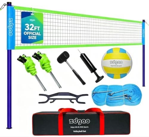 Volleyball Net Outdoor - Portable Volleyball Set for Backyard with Professional Volleyball Net, Wrap Yarn Volleyball and Pump, Boundary Line, Carry Bag (Blue&Green)