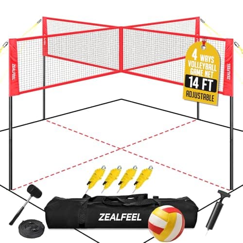 ZEALFEEL 4-Way Volleyball and Badminton Combo Net, 3 Heights Adjustable 4 Square Volleyball Game Set with Vollyball, Pump, Carry Bag, Hammer, 14 FT 4 Person Net for Backyard Beach Lawn