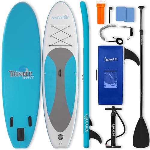 SereneLife Inflatable Stand Up Paddle Board - Wide Stable Design, Non-Slip Deck for Adults & Youth with Premium Paddle Board Accessories: Carry Bag, Dual Action Pump, Paddle, Ankle Leash - 10'