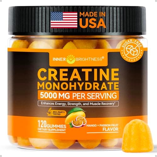 Inner Brightness Creatine Monohydrate Gummies for Men & Women 5000 mg, 3rd Party Tested, Creatine Chews for Muscle Growth, Strength & Energy Support, Sugar Free, Vegan, 120 Count