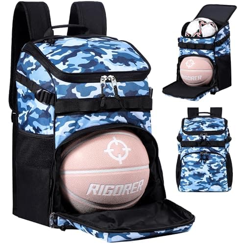 TRAILKICKER Basketball Bag Backpack with Ball Holder Multi-Sport Backpack for Soccer Volleyball Football Baseball Helmet (TK2-Blue Camo, Medium)