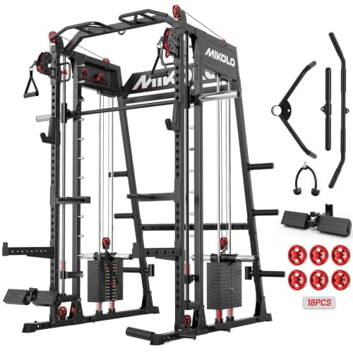 Mikolo Smith Machine with Weight Stack, 2200lbs Squat Rack with LAT-Pull Down System & Cable Crossover Machine, Multi-Function Power Cage, Black