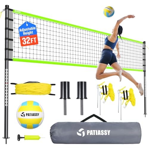 Outdoor Volleyball Net Set for Backyard & Beach, 32FT Regulation Size, Easy Setup Adjustable Height Poles, Portable Net System with PU Volleyball, Pump & Carry Bag