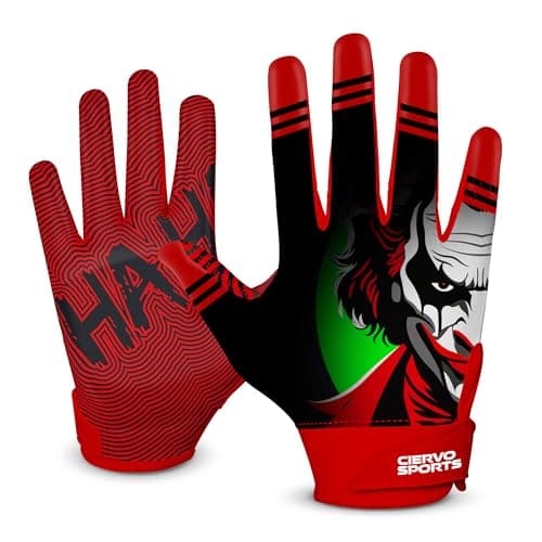 CIERVO SPORTS Youth Football Gloves Stretchy Silicone Palm, 4-Way Stretch Nylon Back, Non-Slip Grip Receiver Gloves for Boys Girls Men, Wide Receiver Football Gloves (Black/Red, Youth X-Large)