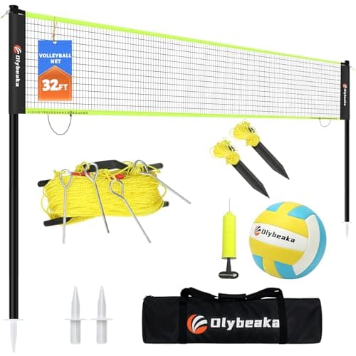 Portable Outdoor Volleyball Net Set for Backyard Beach with Adjustable Poles, Soft PU Volleyball & Pump, Carry Bag and Durable Anti-Sagging Net (Black and Green, 32ft)