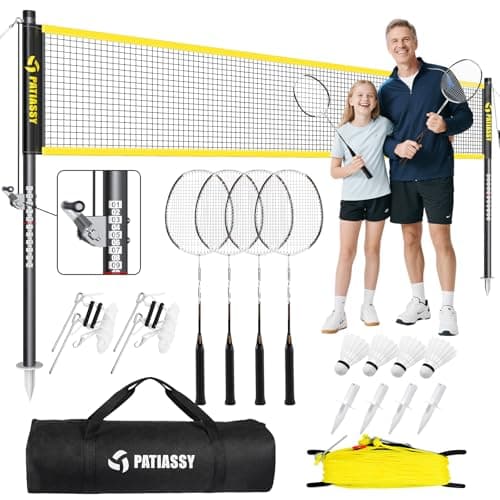 Professional Badminton Set with Carbon Aluminum Badminton Rackets Set of 4, Outdoor Portable Badminton Net with Winch System, 4 Nylon Badminton Shuttlecocks and Bag