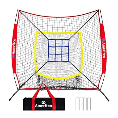 Ameritco 7x7ft Baseball Net with Strike Zone, Large Pocket Baseball Training Net for Hitting/Batting/Pitching/Throwing,Scratch Resistant Base,Indoor/Outdoor Versatile Use for All Levels (Red)