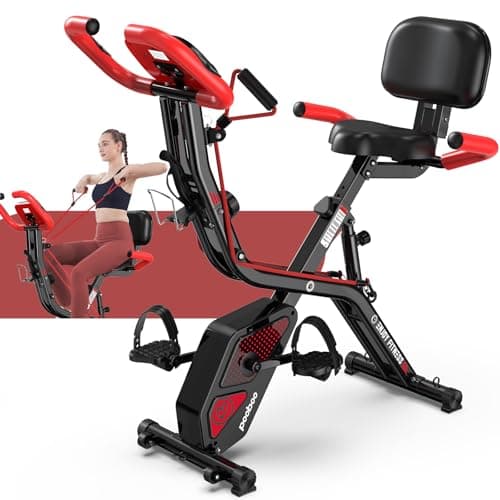 pooboo Folding Exercise Bike - 4-in-1 Magnetic X-Bike, Foldable Upright Indoor Cycling Stationary Bike with 8-Level Resistance, Pulse Sensor, Arm Resistance Bands, Back Support Cushion & Bottle Holder - Home Gym Workout Equipment