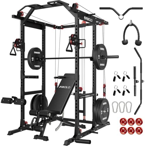 Mikolo K6 2.0 Power Cage, Power Rack with Cable Crossover System, 2000LBS Squat Rack with LAT Pull Down System, Functional Trainer with Aluminum Pulley System for Home Gym, Black, 230LB Black Weights