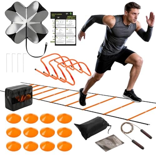 OLIXIS Soccer Football Agility Training Equipment Set with Adjustable Hurdles, 12 Soccer Cones, Jump Rope, Resistance Parachute, Agility Speed Ladder for Footwork Drills, Light Orange