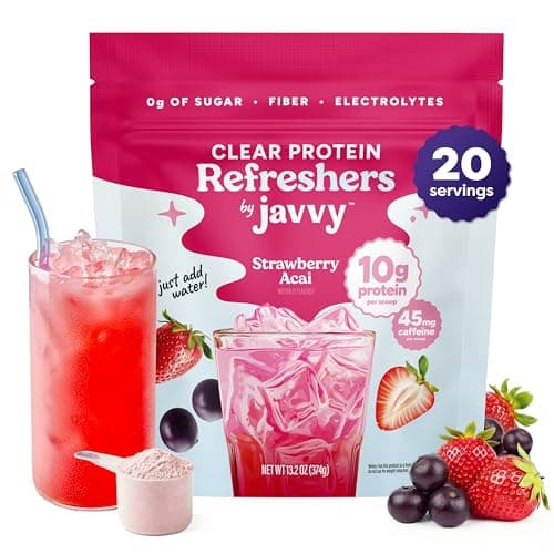 Javvy Clear Protein Refresher Drink Mix – 10g of Whey Protein and Collagen Peptides, Electrolytes Powder, Natural Flavors, 0g of Sugar, 45mg Caffeine, 20 Servings, Strawberry Berry Acai