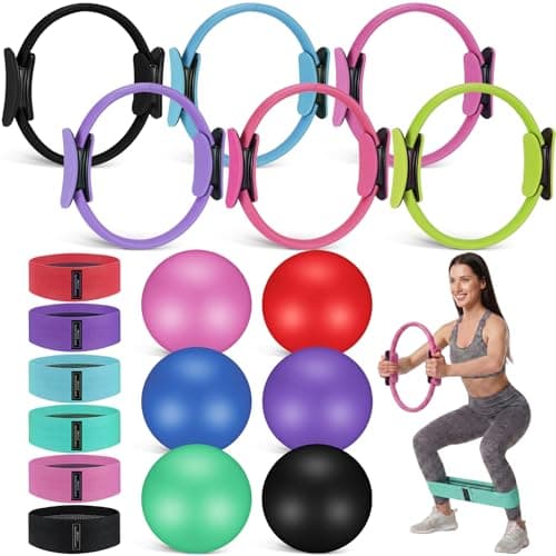 Seenelling 18 Pcs Pilates Ring and Ball Set with Resistance Bands Home Workout Pilates Equipment 11.8 Inch Magic Circle with Padded Handles, Mini Ball for Strength, Toning, Flexibility(Multicolor)