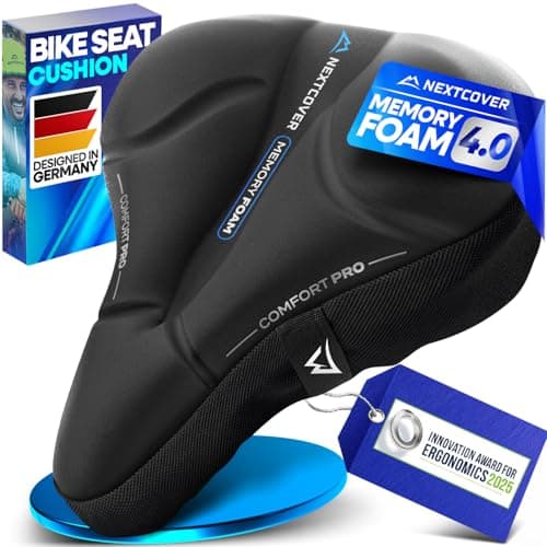 Nextcover® Bike Seat Cushion CoverPro with Memory Foam 4.0 I Ergonomic Bike Seat Cover - Ideal for Stationary, Mountain, Spin or Outdoor Bike I Comfortable Gel Padded Bicycle Seat Cushion