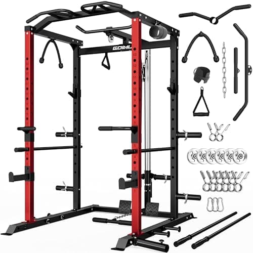 Goimu C1-V4 Power Cage, 2000LBS Squat Rack with LAT Pulldown, Multi-Function Weight Cage Strength Training Machine, Workout Cage with More Attachments for Home Gym Garage (C1 Pro Aluminum Pulleys)