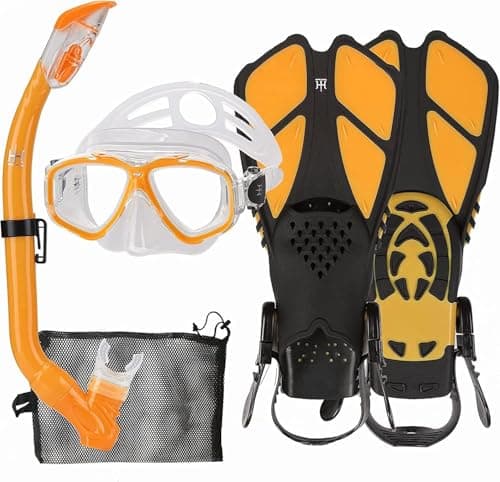 Kids Snorkeling Set with Fins Anti Leak Snorkeling Gear for Kids with Adjustable Flippers, Youth Junior Full Dry Snorkel Set Swimming Goggles with Nose Cover Diving Mask Scuba with Bag, 5-14 Yrs