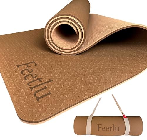 Feetlu Extra Thick Yoga Mat with Carry Strap, 10mm Non-Slip Exercise Mat, 72 x 24 Inch Cushioned Workout Mat for Yoga, Pilates, Stretching & Floor Exercises (BLU/GY)